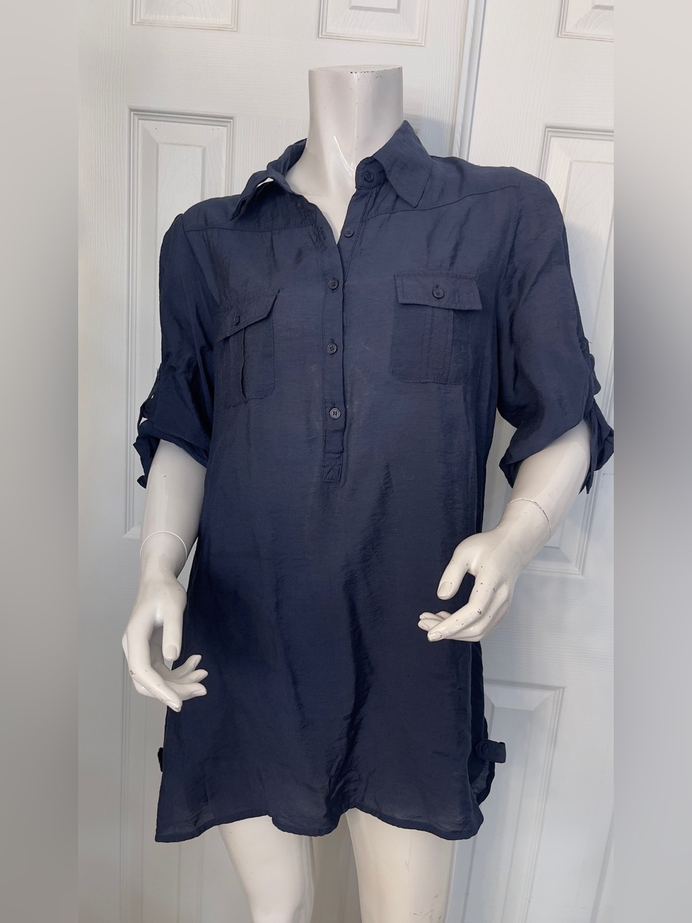 Cotton Express Navy Button-Front Roll-Sleeve Tunic
